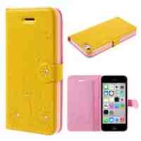 KINGXBAR Dandelion Pattern Rhinestone Leather Cover Case for iPhone 5c - Yellow