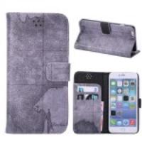 World Map Leather Wallet Stand Case for iPhone 6 Plus - Grey