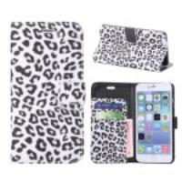 Leopard Leather Wallet Case for iPhone 6 Plus w/ Stand - White