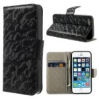 Wave Pattern Leather Wallet Stand Case for iPhone 5s 5 - Black