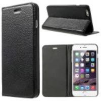 Litchi Grain Genuine Leather Case Stand for iPhone 6 Plus - Black