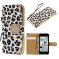 Glossy Leopard Wallet Leather Case for iPhone 5c with Stand - White