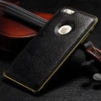 Metal Edges Leather Back Protective Case for iPhone 6 - Black