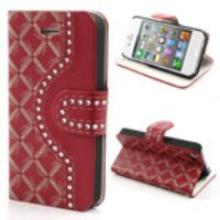 For iPhone 4 4S Grid Pattern & Diamonds Leather Wallet Case - Red