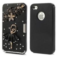 Black Ballerina & Flower for iPhone 4 4s Rhinestone Leather Case