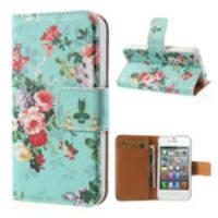 Beautiful Flowers Wallet Leather Stand Case for iPhone 4 4s - Cyan