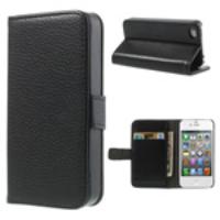 Black for iPhone 4s 4 Litchi Leather Diary Stand Case