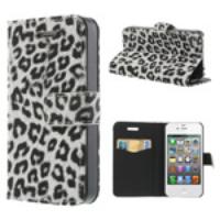 Leopard Card Slot Leather Stand Case for iPhone 4 4S - White