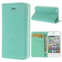 Matte Leather Wallet Stand Case Cover for iPhone 4 4S - Cyan