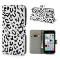 Black & White Leopard Folio Wallet Leather Stand Case for iPhone 5c