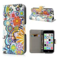 Wallet Leather Folio Case Stand for iPhone 5c Colorful Flowers Pattern