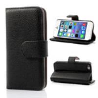 Lychee Skin Leather Wallet Case for iPhone 5C - Black