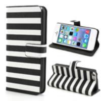 Horizontal Stripe Leather Stand Case for iPhone 5C - White / Black