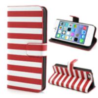 Horizontal Stripe Leather Stand Case for iPhone 5C - White / Red