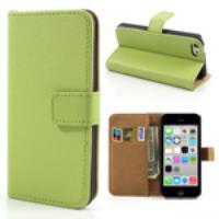 For iPhone 5c Genuine Split Leather Wallet Case w/ Stand - Green