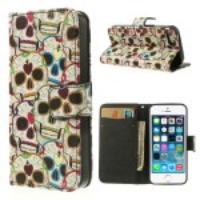 For iPhone 5 5s Colorful Skulls Leather Card Holder Case