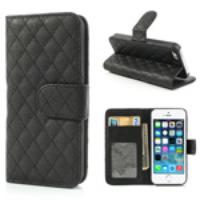 Grid Leather Wallet Case w/ Stand for iPhone 5 5s - Black